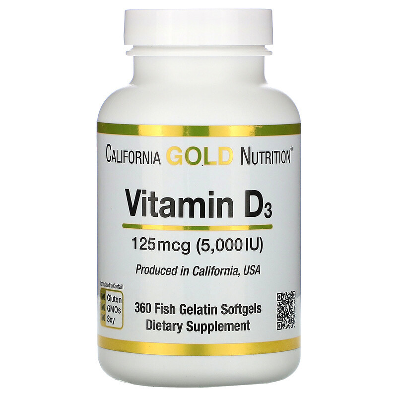 California Gold Nutrition, витамин D3, 125 мкг (5000 МЕ), 360 капсул из рыбьего желатина